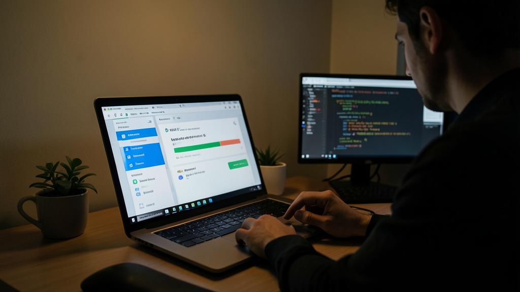 Une personne travaille sur un ordinateur affichant une interface de sécurité web, avec du code en arrière-plan.