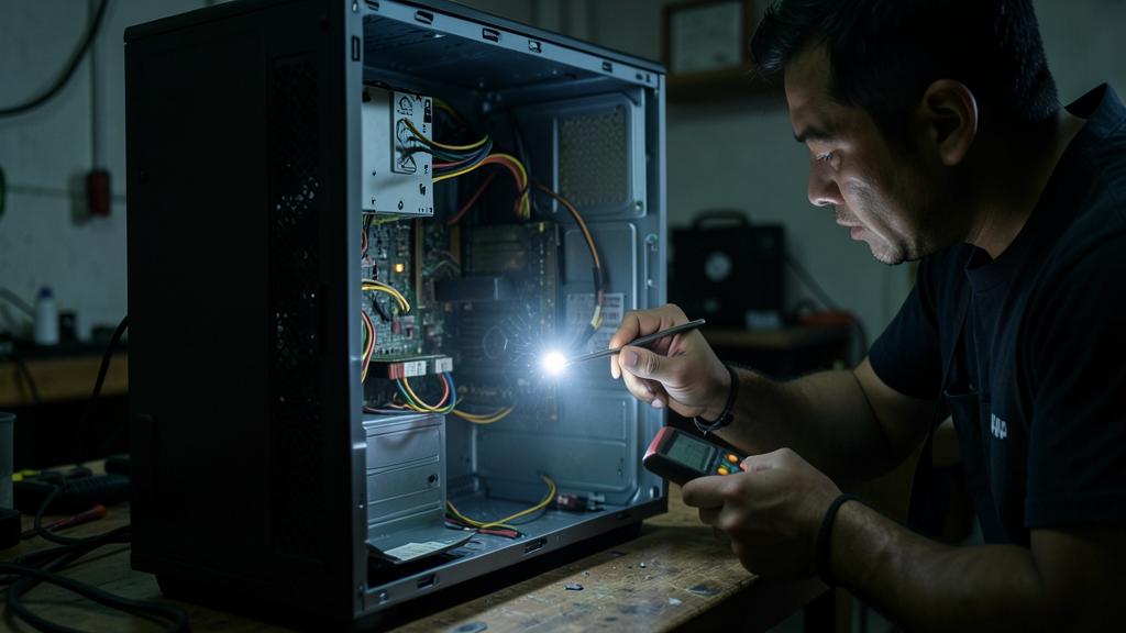 A man inspects the internal components of an open computer case using a flashlight and a tool.