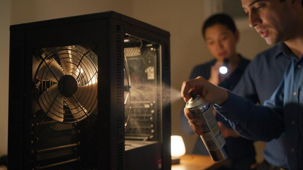 A man sprays a can into an open computer case, while another person shines a flashlight.