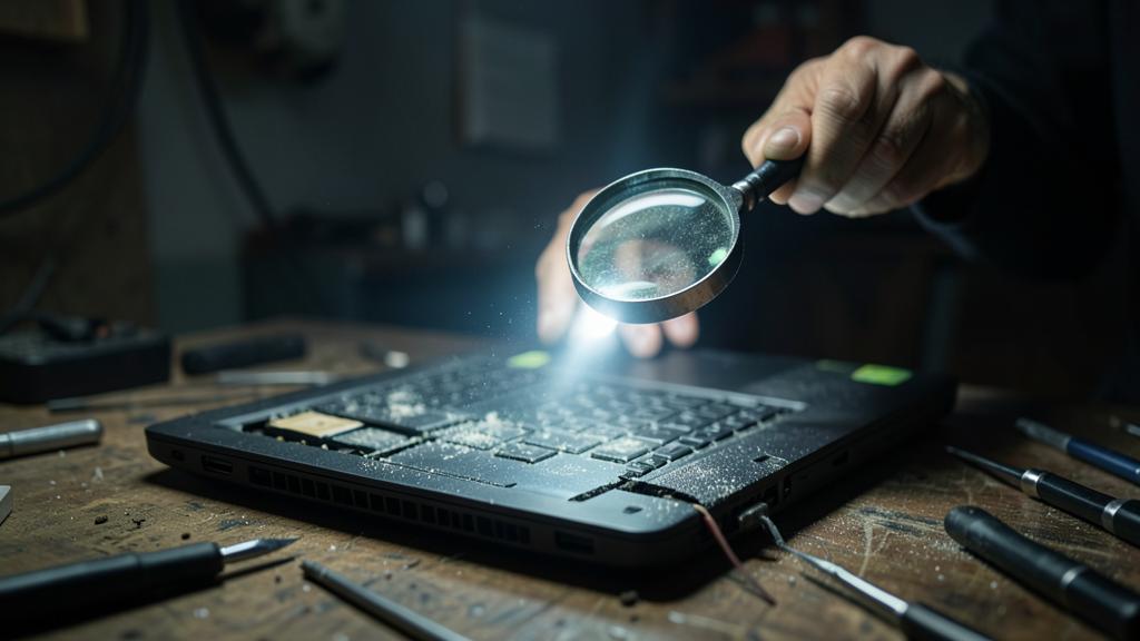 A person inspects a disassembled laptop with a magnifying glass on a workbench.