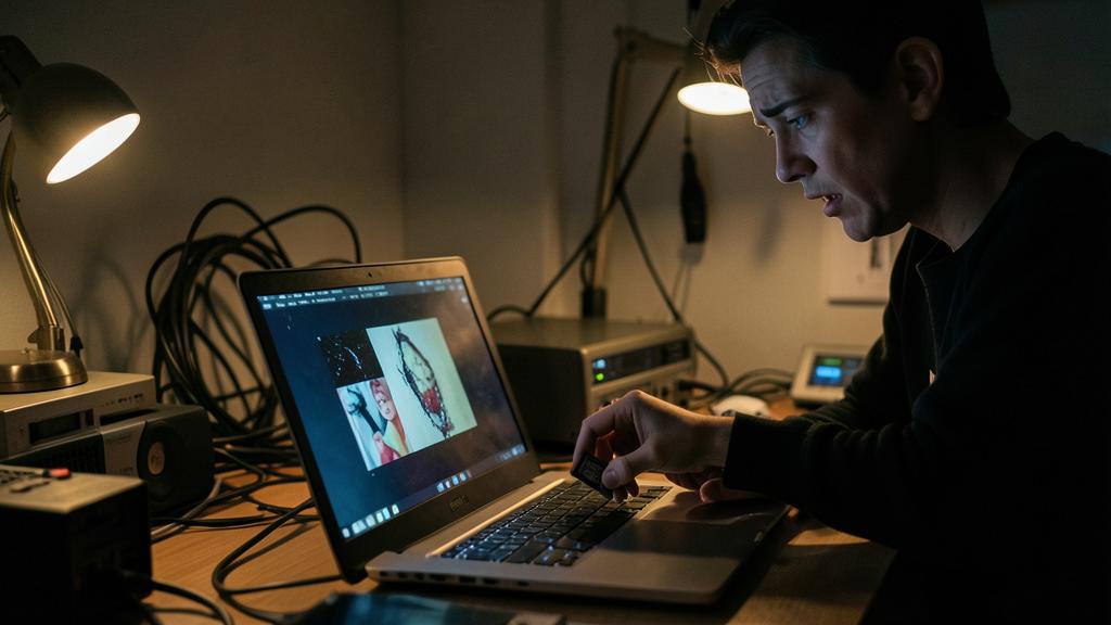 Un homme insère une carte mémoire dans un ordinateur portable dans une pièce faiblement éclairée, l'écran affichant des images corrompues.