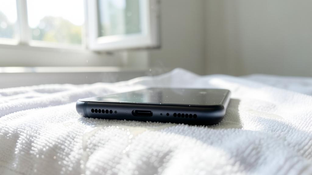 Un smartphone noir posé sur une serviette blanche avec de la vapeur qui s'en échappe.