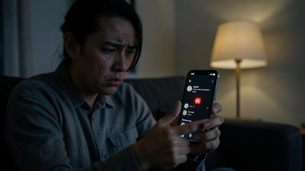 Un homme inquiet regarde son smartphone affichant une notification d'un réseau social.