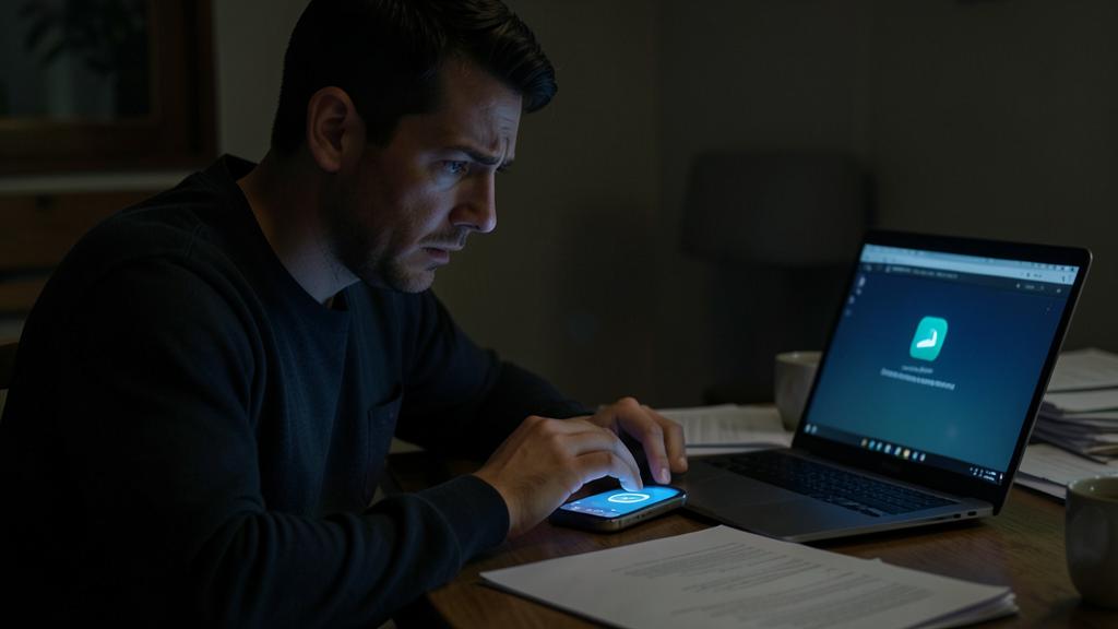 Ein Mann sitzt an einem Schreibtisch und schaut auf ein Smartphone und einen Laptop mit einer Fehlermeldung.