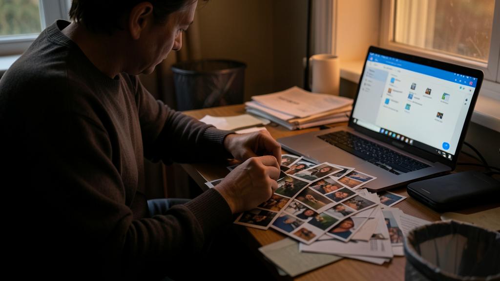 Un homme organise des photos imprimées à son bureau, un ordinateur affichant un gestionnaire de fichiers à côté.