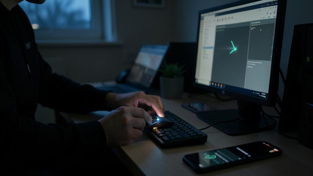 Eine Person nutzt eine drahtlose Tastatur und Maus vor einem Computerbildschirm.
