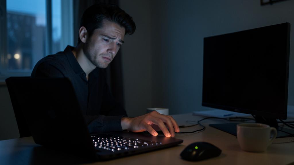 A man sits at a desk in a dark room, looking concerned, using a laptop with a glowing keyboard.