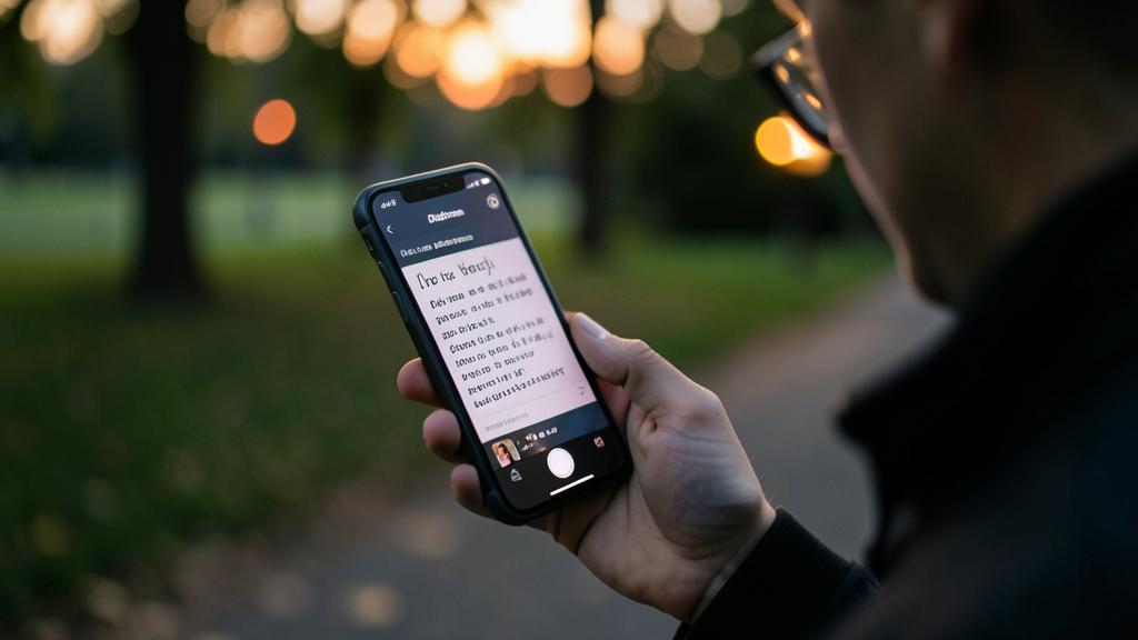 Une personne tient un smartphone affichant une application de mémos vocaux avec du texte manuscrit, dans un parc en soirée.