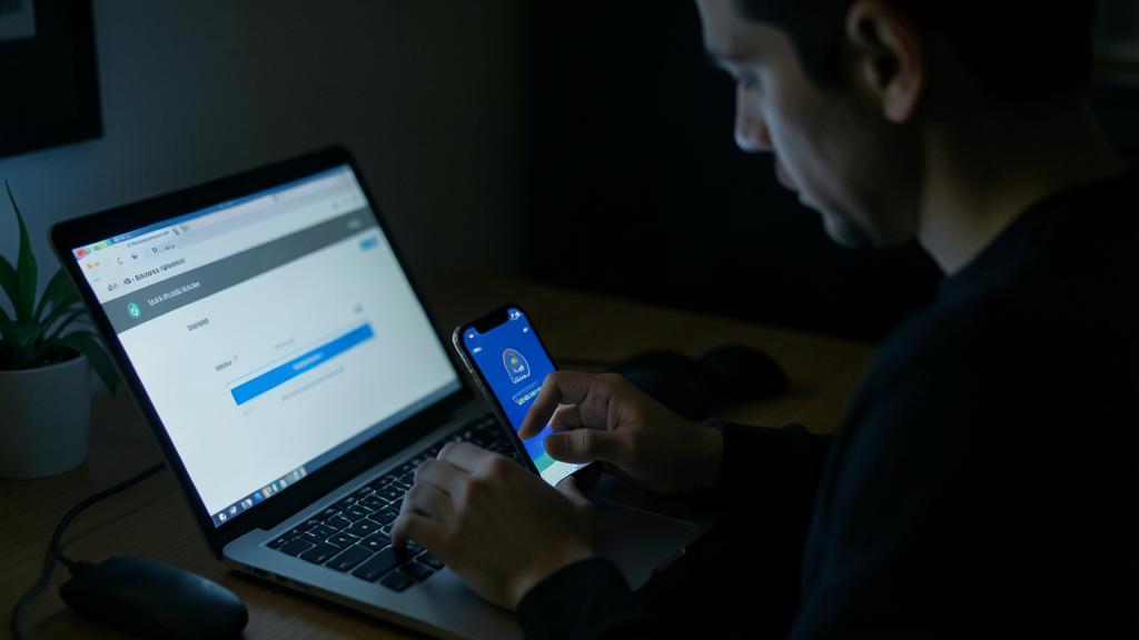 Une personne utilise un ordinateur portable et un smartphone affichant une application d'<a href=