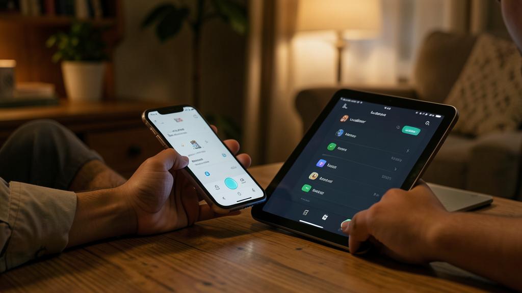 A person is using a smartphone and a tablet to access a device location app.