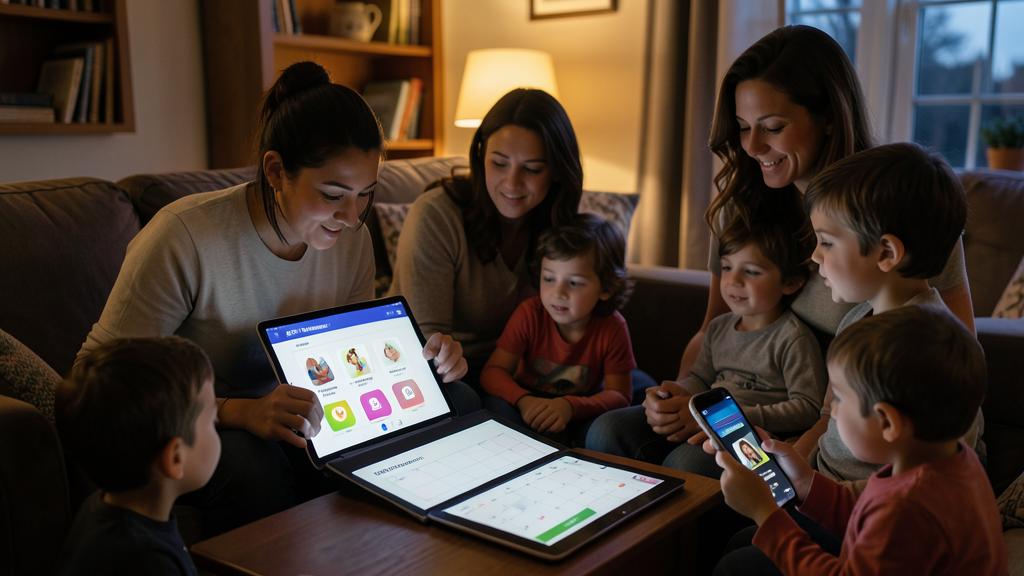 Une famille utilise un iPad et un smartphone pour gérer le partage familial Apple.