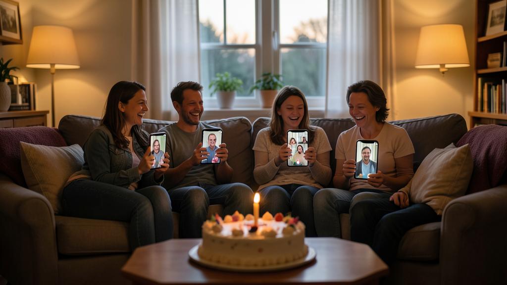 Cuatro personas en un sofá celebran un cumpleaños con un pastel y una vela, cada una usando un smartphone para una videollamada.