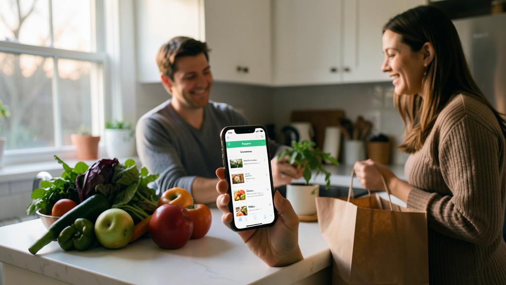 Eine Frau hält ein Smartphone mit einer Aufgabenmanagement-App, während ein Mann im Hintergrund in einer Küche mit Einkäufen auf der Theke lächelt.