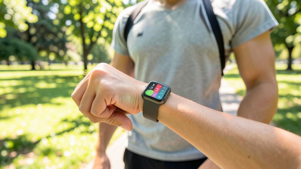 Une personne vérifie son application de fitness sur une montre connectée dans un parc.