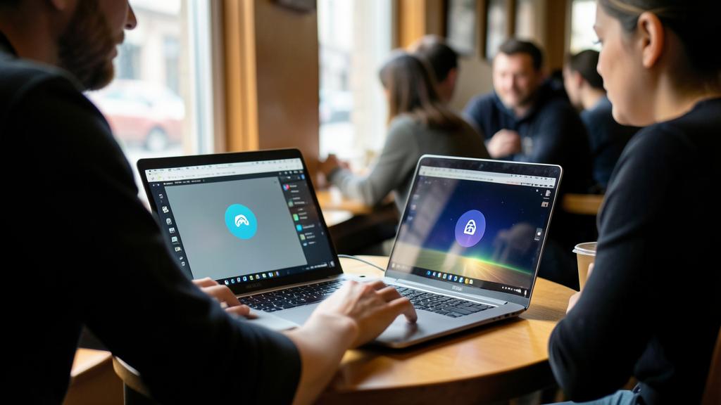 Deux personnes utilisent des ordinateurs portables dans un café, affichant des interfaces de logiciels VPN.