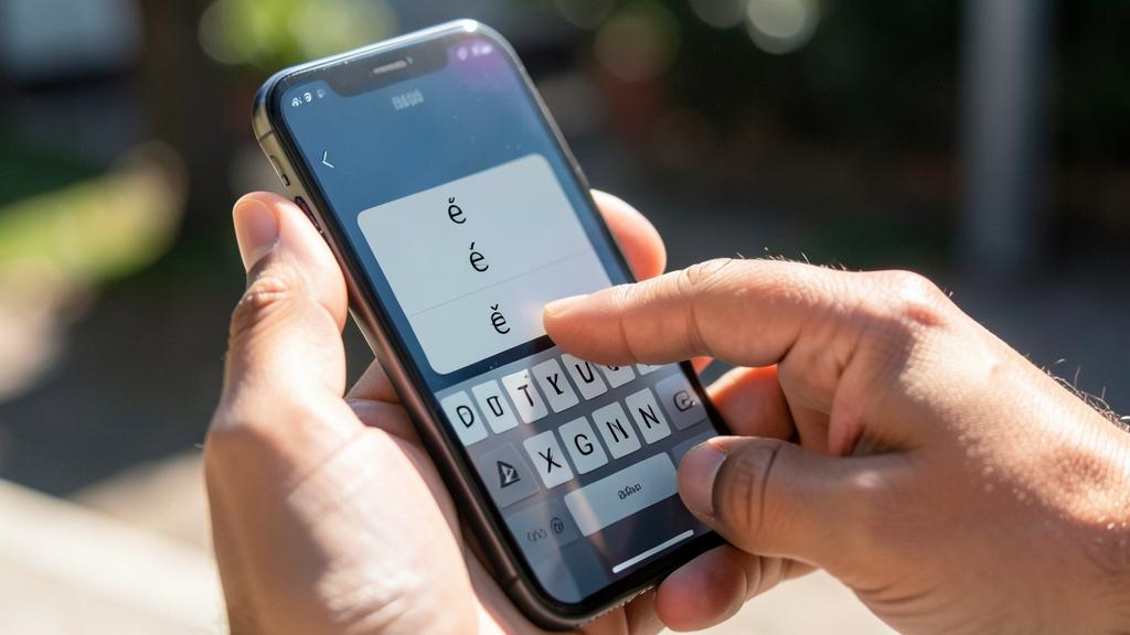 Une personne tient un iPhone affichant un clavier thaïlandais avec des options d'accentuation pour la lettre 'e'.