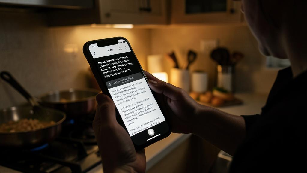 Une personne tient un smartphone affichant un article avec des réglages d'accessibilité activés dans une cuisine.