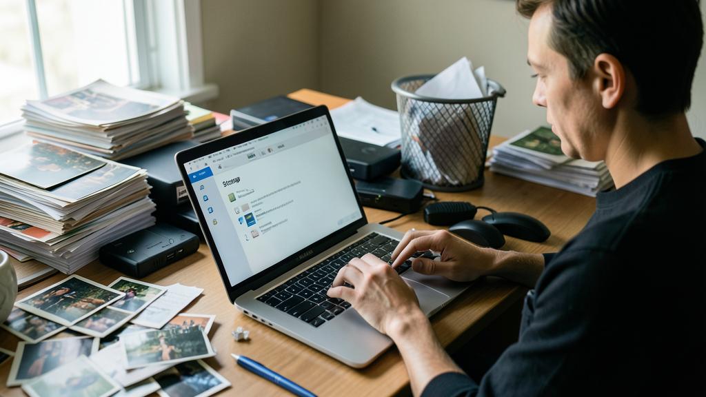 Un hombre usa un MacBook en un escritorio desordenado, mostrando una interfaz de gestión de archivos.