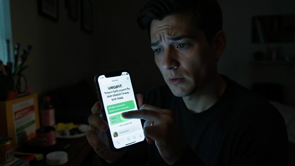 Un homme inquiet lit un SMS frauduleux marqué 'URGENT' sur son téléphone.