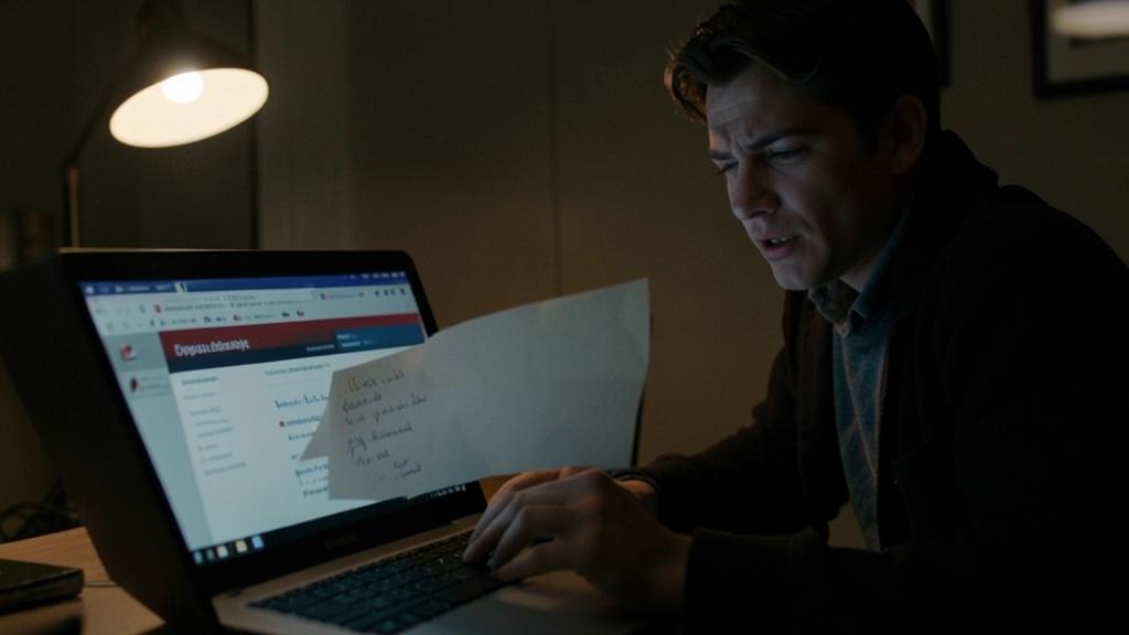 Un hombre examina con atención una pantalla de computadora con notas en la mano.