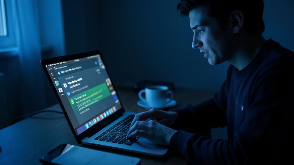 Un joven usa una computadora portátil en una habitación con poca luz, con la pantalla mostrando una aplicación de mensajería.
