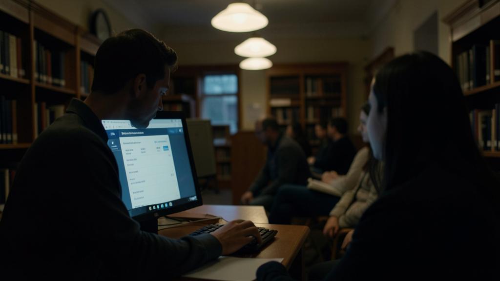 Ein Mann nutzt einen Laptop in einer Bibliothek, der einen Browser im Privatmodus anzeigt.