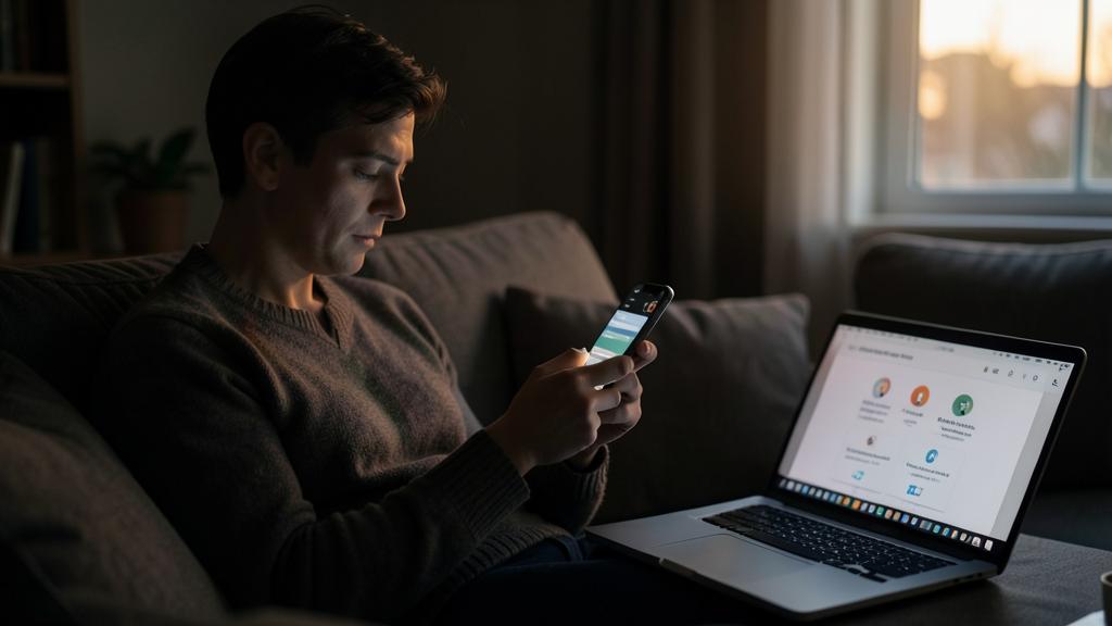 Un homme regarde son smartphone à côté d'un ordinateur affichant des icônes de réseaux sociaux.