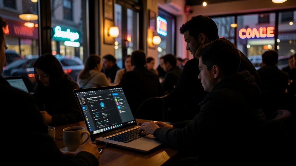 Zwei Männer nutzen einen Laptop in einem schwach beleuchteten Café, der eine VPN-Oberfläche anzeigt.