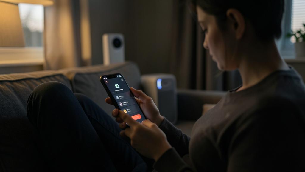 Une femme utilise un smartphone pour piloter des appareils connectés dans un salon faiblement éclairé.
