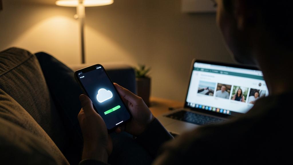 Une personne tient un smartphone affichant une sauvegarde cloud en cours, avec un ordinateur portable en arrière-plan.