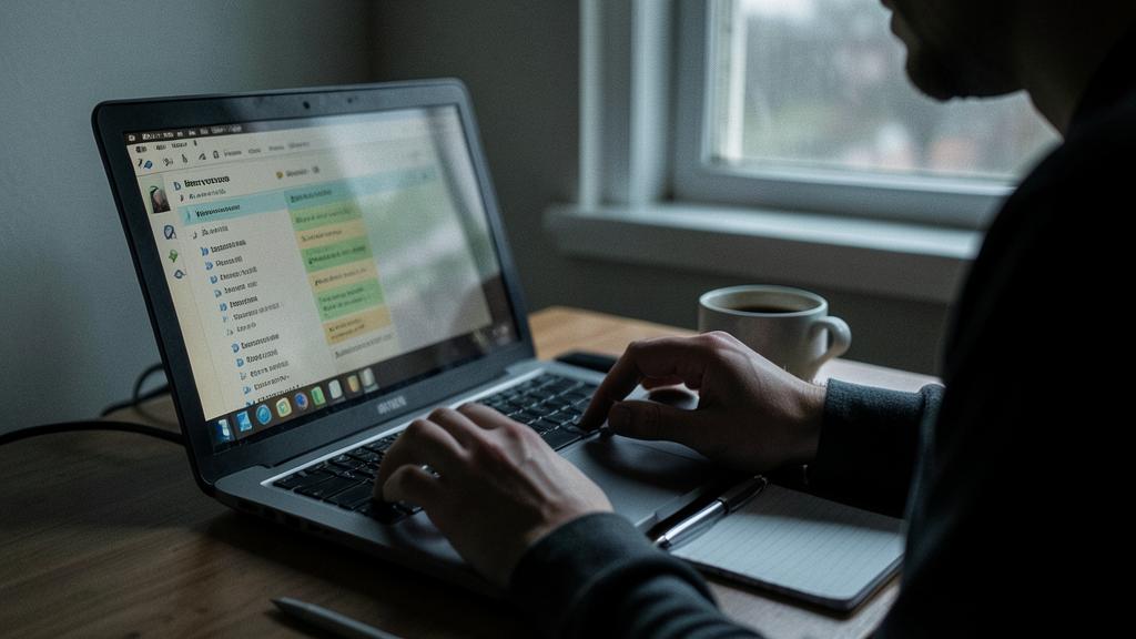 Une personne utilise un ordinateur portable avec une application de gestion des tâches ouverte, un café et un carnet sur le bureau.