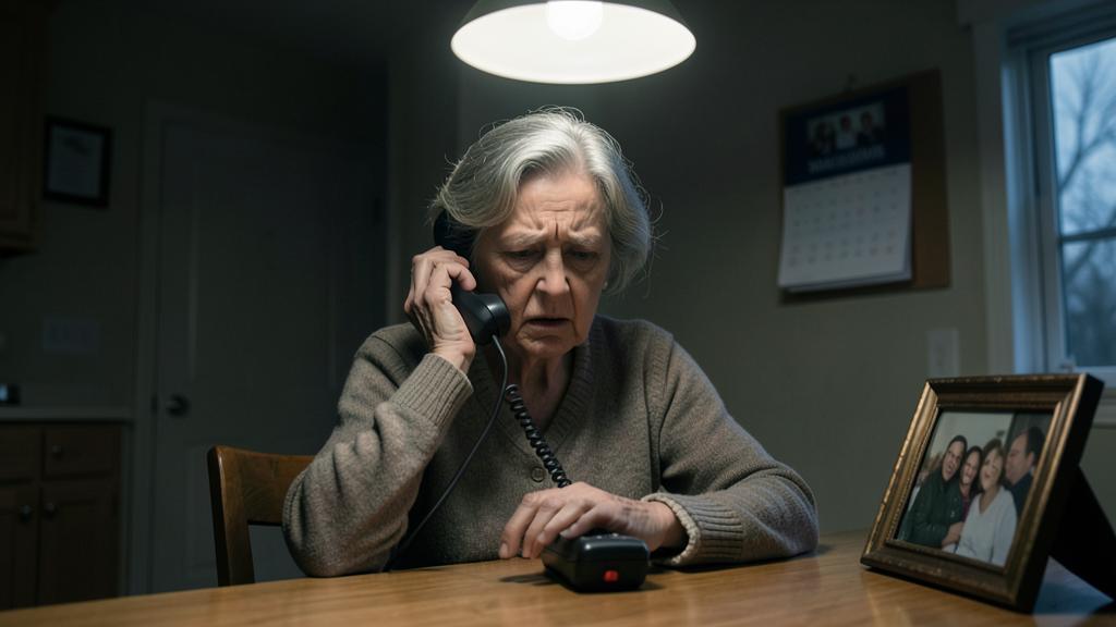 An elderly person with a worried expression holds a phone receiver to their ear, with a framed family photo nearby.