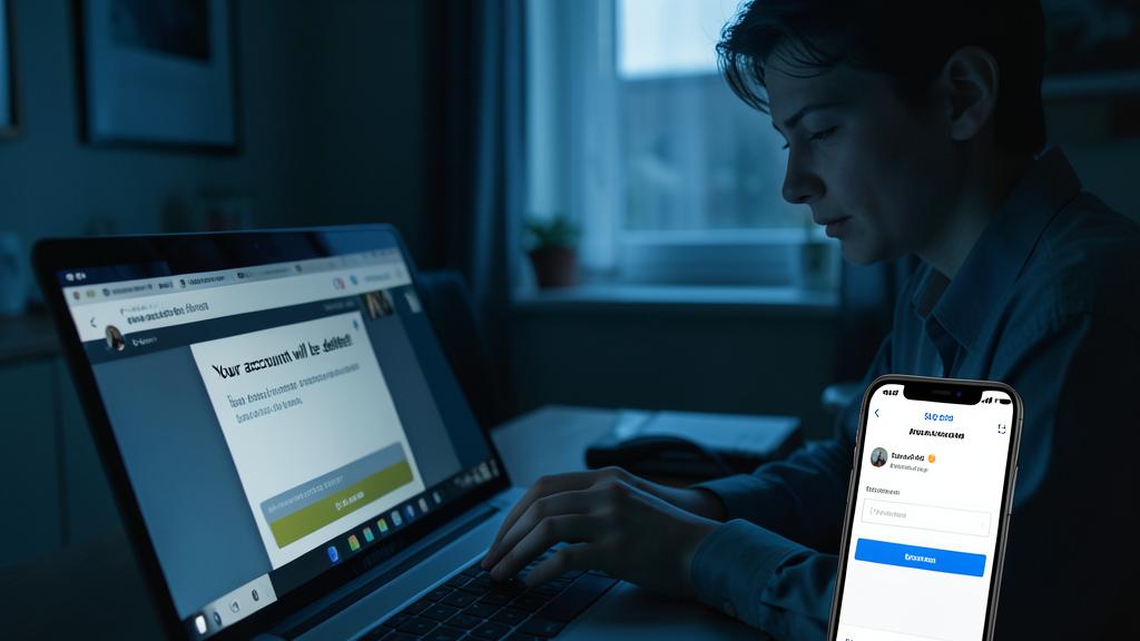 Eine Person nutzt einen Laptop und ein Smartphone in einem schwach beleuchteten Raum, mit einer Phishing-Nachricht auf dem Bildschirm.