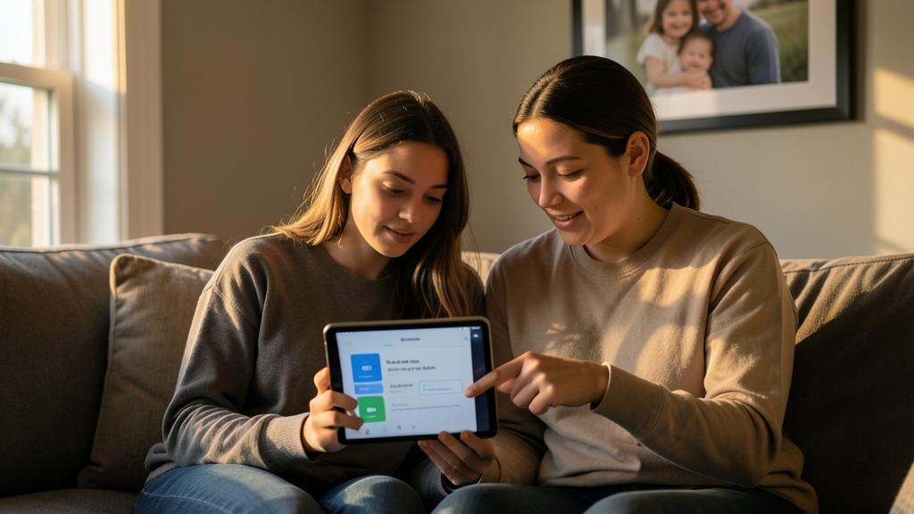 Dos mujeres observan juntas una tableta que muestra ajustes digitales.