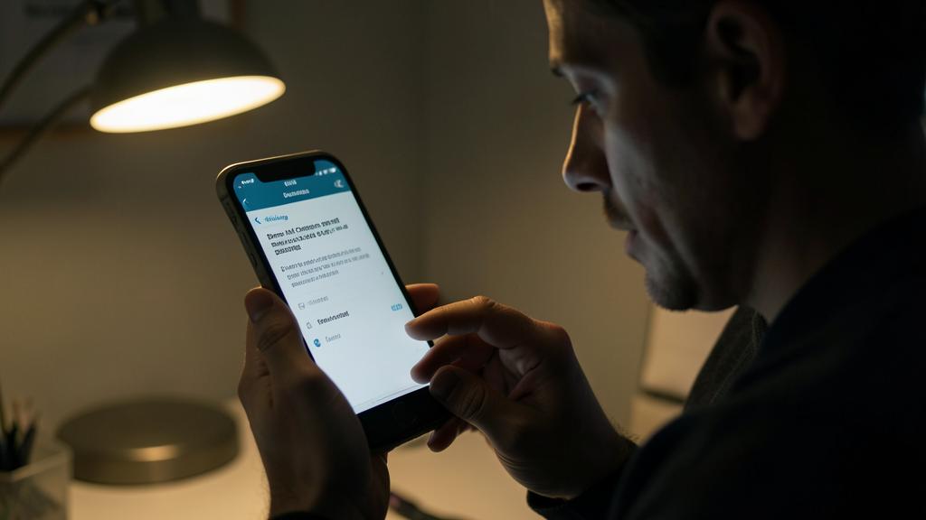 Ein Mann betrachtet eine Löschbestätigung auf seinem Smartphone in einem schwach beleuchteten Raum.