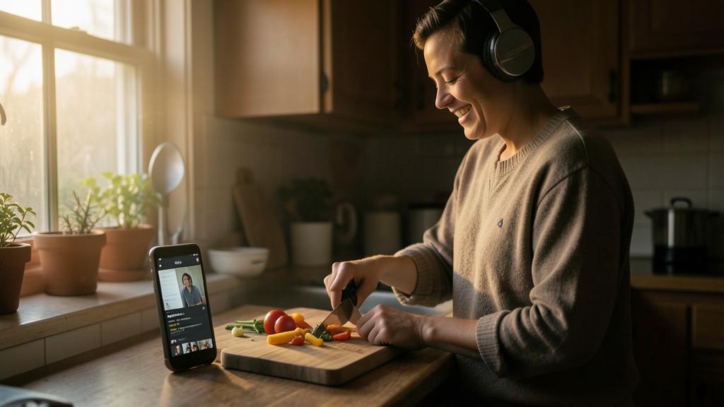 Une femme sourit en écoutant un tutoriel de cuisine sur son smartphone tout en coupant des légumes.