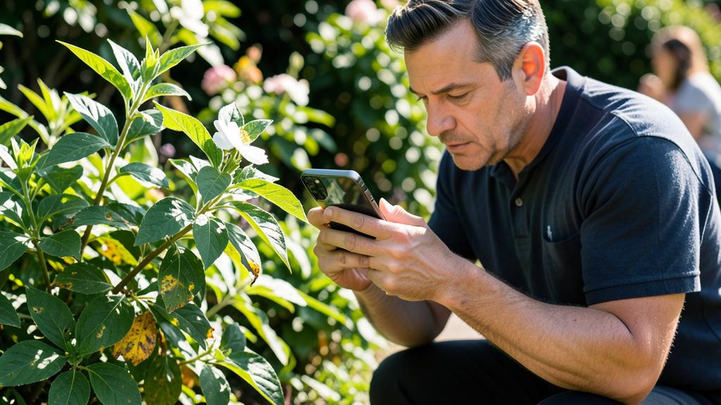 A man takes a photo of a white flower with his smartphone in a garden.
