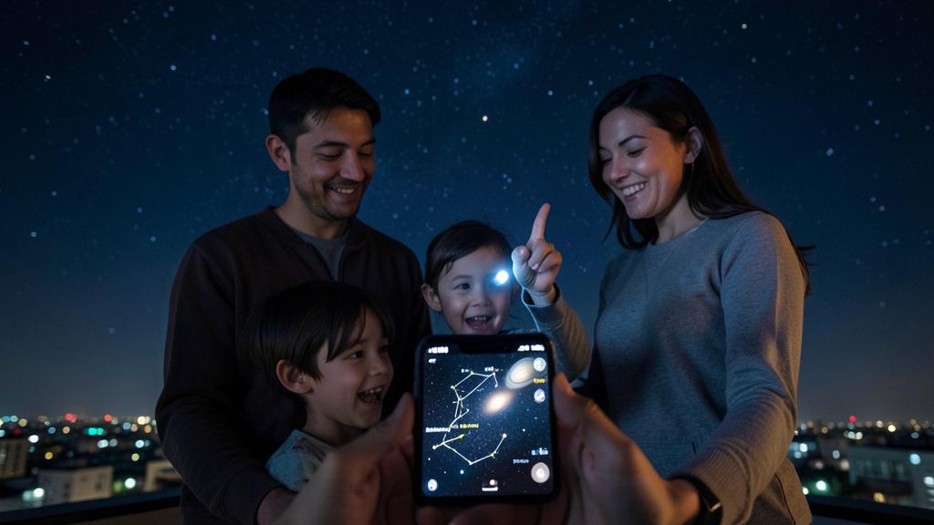 Une famille de quatre personnes regarde un smartphone affichant une application d'astronomie.