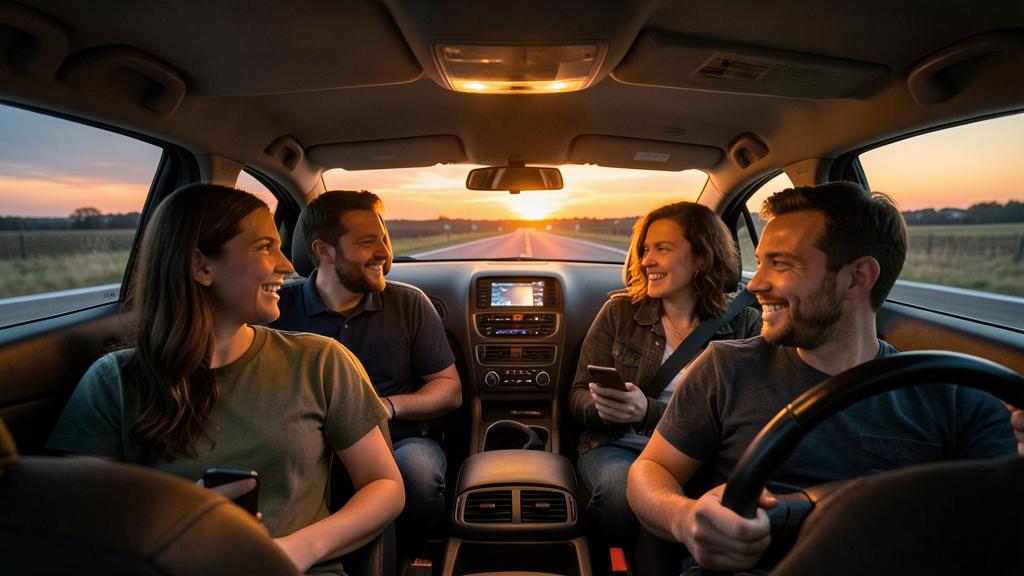 Quatre personnes sourient et rient dans une voiture pendant un trajet en soirée.