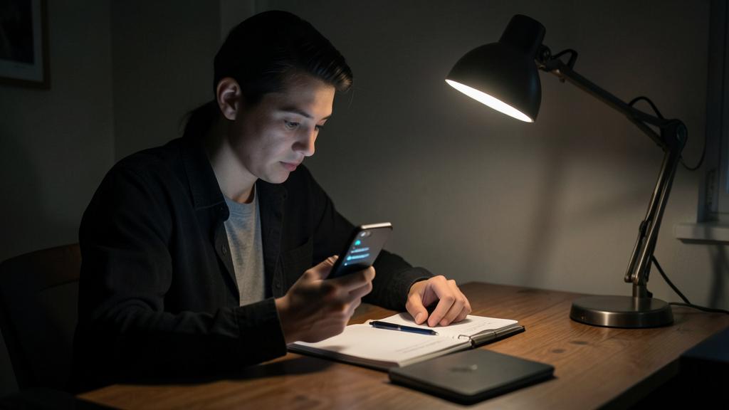 Un jeune homme assis à un bureau, éclairé par une lampe, regarde son smartphone.