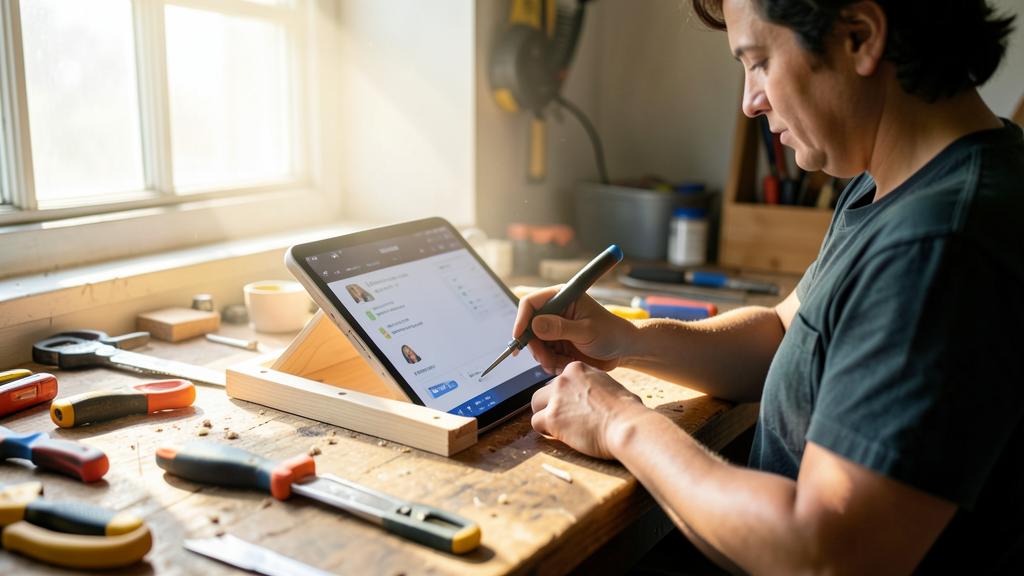 Un homme utilise une tablette avec un stylet dans un atelier rempli d'outils et de morceaux de bois.