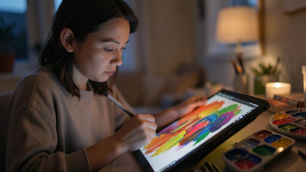 Eine junge Frau zeichnet farbenfrohe abstrakte Kunst auf einem digitalen Tablet in einem schwach beleuchteten Raum.