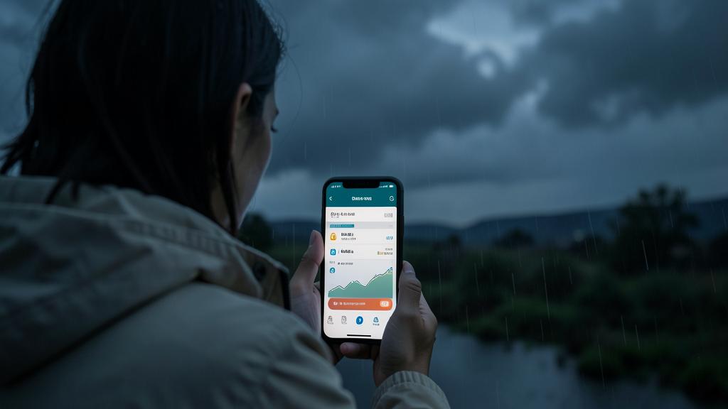 Une personne tient un smartphone affichant une application météo sous une pluie battante.