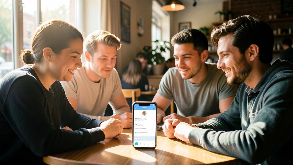 Vier junge Erwachsene lächeln, während sie ein Smartphone mit einer App zur Aufteilung von Kosten betrachten.