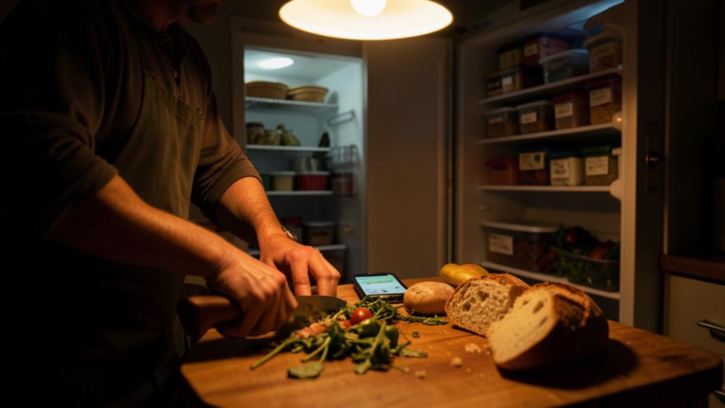 Una persona prepara comida con sobras en una tabla de cortar de madera, con un smartphone mostrando una app al lado.