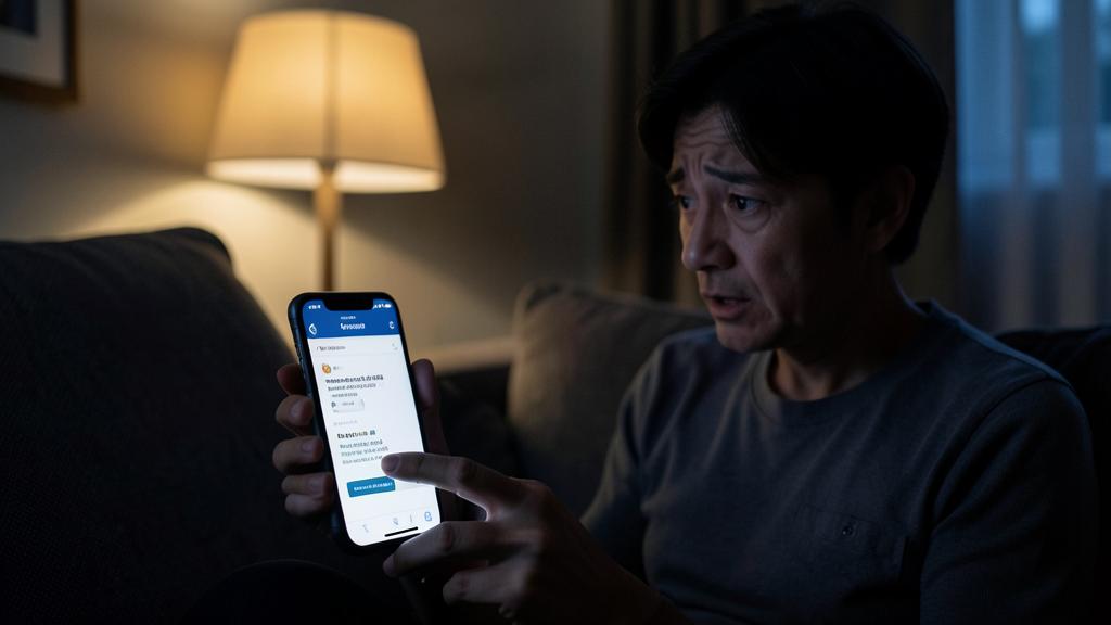 Un hombre mira un mensaje sospechoso en su smartphone con expresión preocupada.