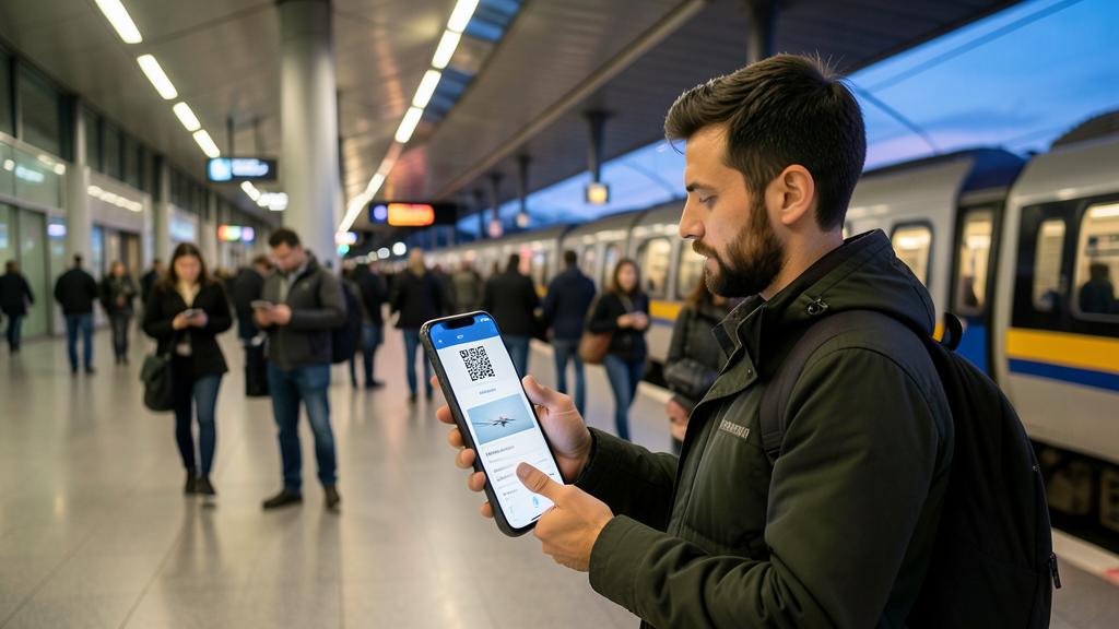 Un homme utilise une application sur son smartphone pour afficher un code QR de billet d'avion en gare.