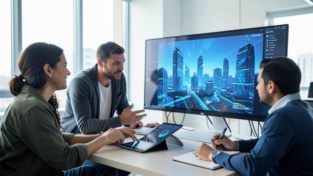 Trois professionnels collaborent en utilisant un grand écran affichant une ville futuriste avec des surimpressions numériques et une tablette.