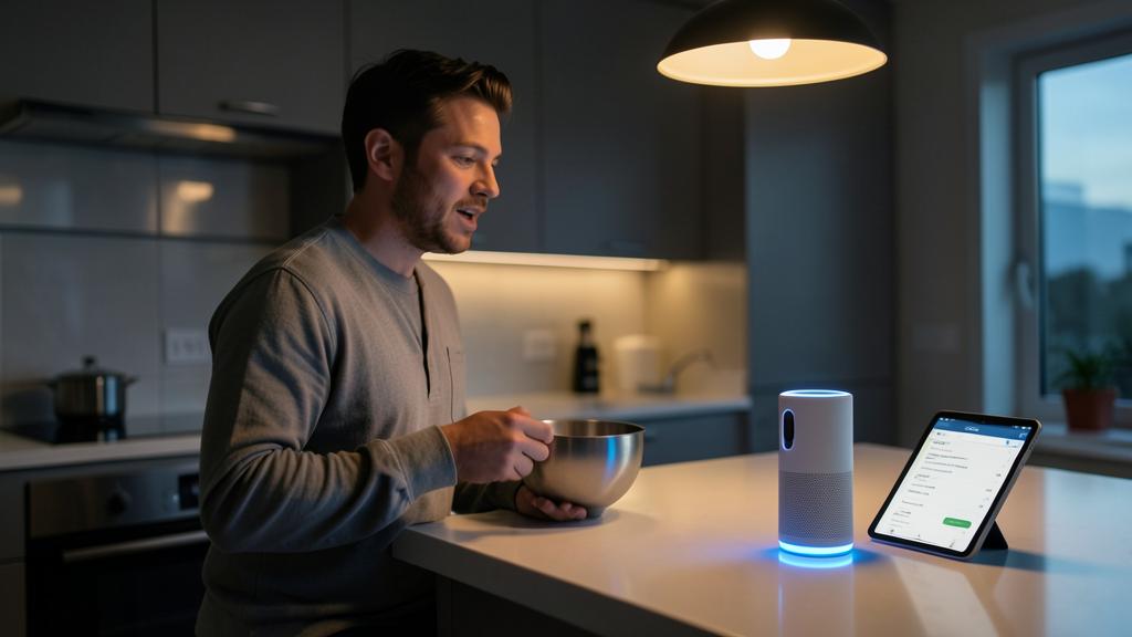 Un homme utilise un assistant vocal dans une cuisine avec une enceinte intelligente et une tablette.