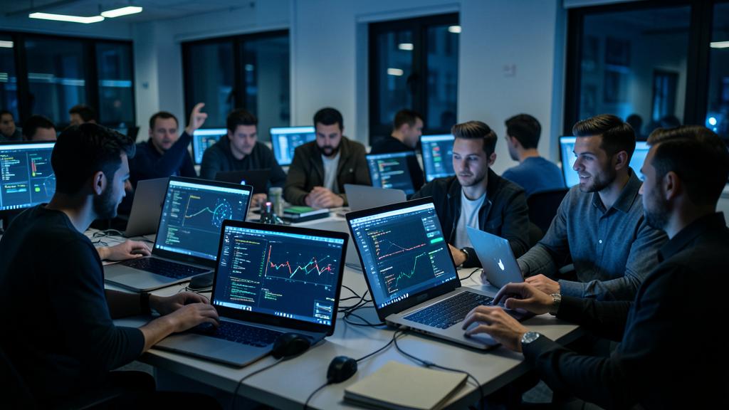 Un groupe d'hommes travaille sur des ordinateurs affichant des graphiques financiers et du code dans un bureau faiblement éclairé.